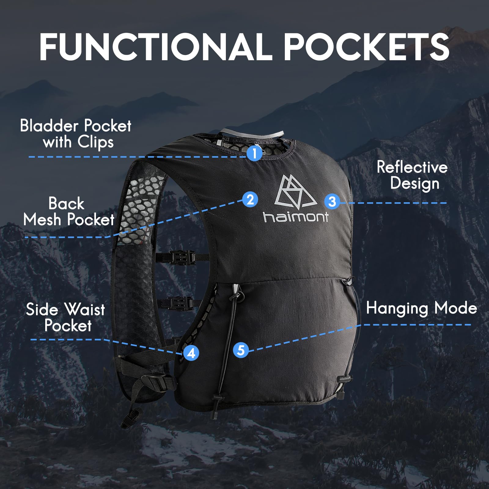 Haimont 5L Trail Running Hydration Vest with Soft Flasks, Black, M