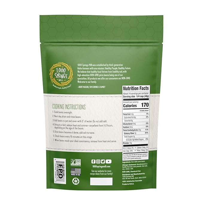 1000 Springs Mill Dry Pinto Beans - Non-GMO, Vegan-Friendly Bulk Pinto Beans with Resealable Bag - Used for Soups, Stews, Dips, Chili, Burritos, Refried Beans & More - 24oz (Pack of 1)