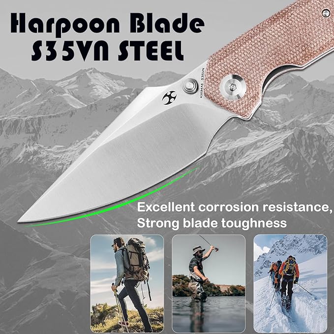 KANSEPT Fenrir Pocket Folding Knives for Men EDC Camping Folding Knife 3.48'' Satin CPM-S35VN Blade Pocket Folding Knife with Brown Micarta + Titanium Handle Everyday Carry K1034A6