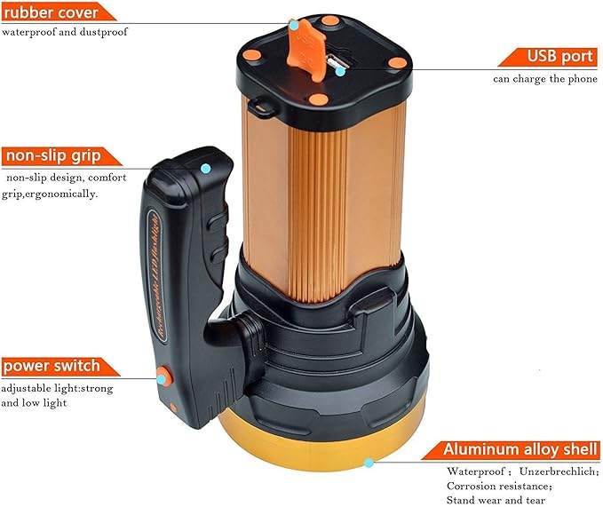 Heavy Duty Flashlight ??Bright Rechargeable Searchlight with 2 Modes ??Led Spotlight Handle ??Easy to Use ??Built-in Rechargeable Battery