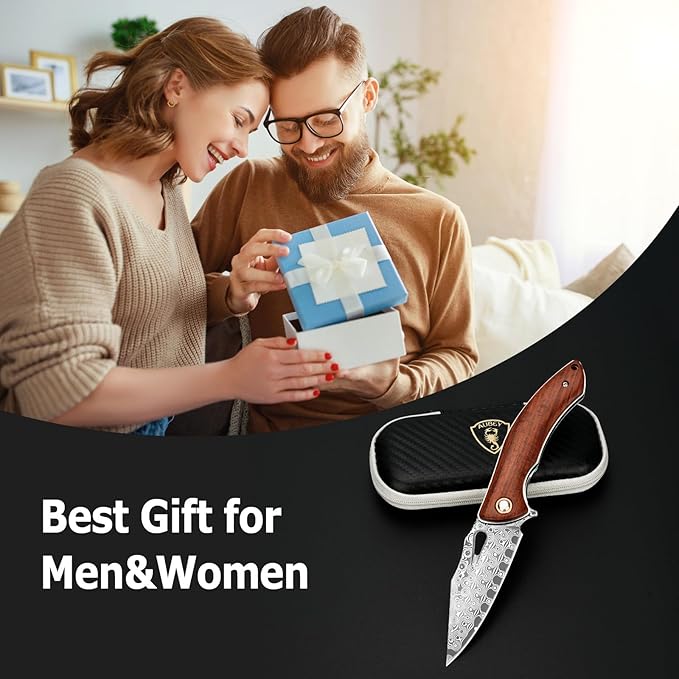 AUBEY Damascus Folding Knife with Clip, Pocket Knife with Wood Handle, EDC Knife for Outdoor Hiking Camping Collection (3.19" Blade)