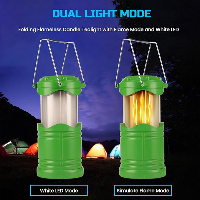 Lichamp 4 Pack LED Camping Lanterns, Collapsible Flameless Candles Tea Lights, Portable Battery Powered Camping Lights Emergency Supplies Kit, Green