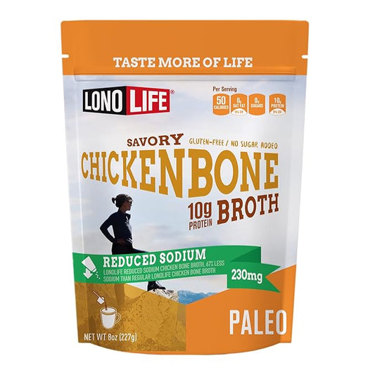 LonoLife Reduced Sodium Chicken Bone Broth Powder Mix | 10g Protein | Collagen-Rich, Keto & Paleo Friendly | Natural Ingredients | 8oz Bulk Container (15 Servings)