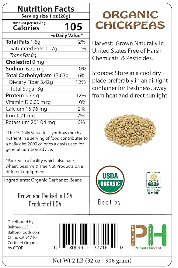Organic Garbanzo Beans (ChickPeas)-Raw/Non-GMO/Kosher Sproutable Low Sodium Bulk Vegan Dietary Fiber (2LB)