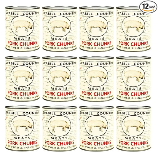 Grabill Country Meats Pork Chunks – 27 oz Cans, Pack of 12 | Fully Cooked & Ready to Eat | All-Natural Shelf-Stable Pork for Quick Meals, BBQ, Sandwiches, Camping & Long-Term Emergency Food Storage