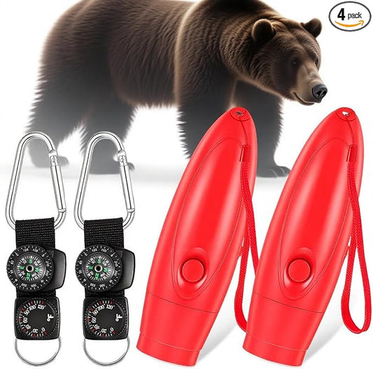 2 Set 125dB Electronic bear horn with Compass & Thermometer for hiking Loud Air Horn to Scare Bears Self Defense for Hiking Outdoor Emergency Camping Protection (4.57×1.14 Inch,Red)
