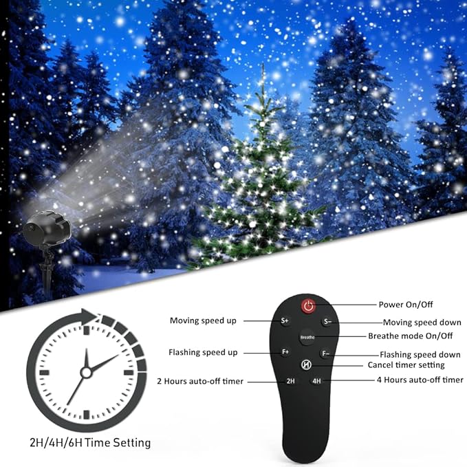 Elec3 Christmas Snowfall LED Projector Outdoor, Waterproof Rotating Snow Projection Snow Decorative Projector Lights with Timer, Remote for Halloween Party, Wedding, Garden, Xmas Decoration