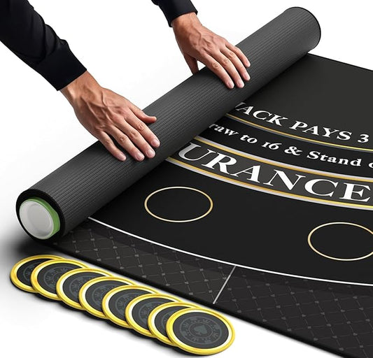 Newverest Blackjack Mat 70" x 35", Blackjack Table Top for Home Game Nights with Friends | Black Jack Casino Table Topper, Poker Mat Layout in Zipper Storage Bag with 8 Coasters in Gift-Ready Box
