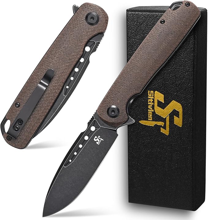 Sitivien ST131 Folding Knife,D2 Blade Micarta Handle EDC Tool Knife with Liner Lock for Outdoor Camping Hiking Fishing(Brown)