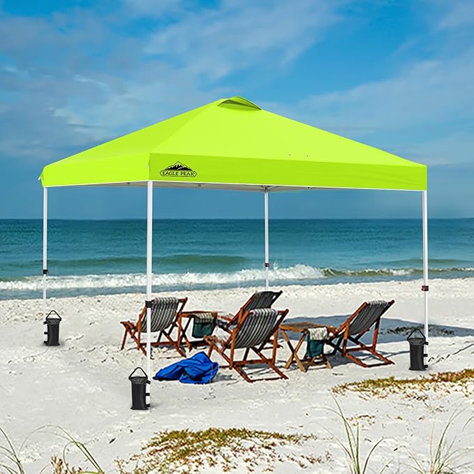 EAGLE PEAK Pop Up Canopy Tent with Wheeled Carry Bag, 8 Stakes, 4 Ropes, 4 Weight Bags, Easy Set Up Tent Canopy, 10x10 ft, 100sqft of Shade, Neon Green