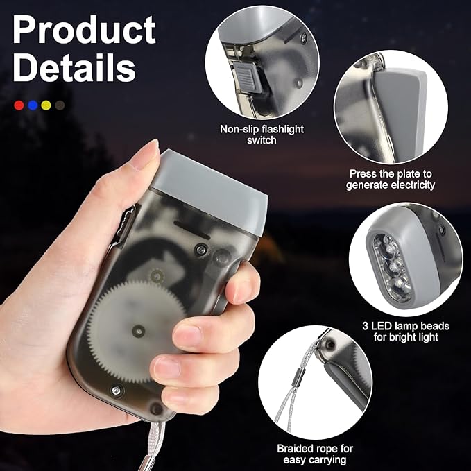Retisee 48 Pcs Hand Crank Flashlight No Battery Required Torch Light Manual Press Flashlight 3 LED Squeeze Torch Light for Shoeboxes Camping Hiking (Red, Gray, Yellow, Green)