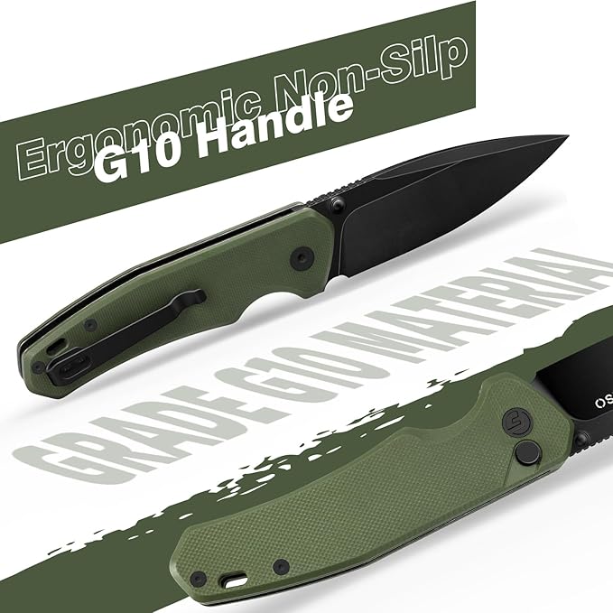 FINTISO Pocket Knife, 3" 14C28N Steel Blade G10 Handle Small EDC knife with Button Lock, Sharp Folding Knife with Pocket Clip for Camping, Survival, Hunting