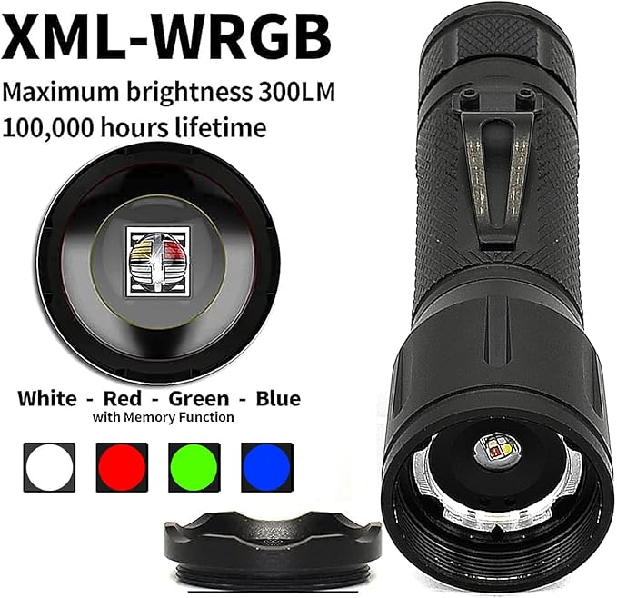 4 in 1 Multicolor Tactical Flashlight, Can Zoom White Blue Green Red Light, RGB Waterproof Handheld Torch with Clip, Suitable for Night Hunting Light, Fishing, Camping Hiking
