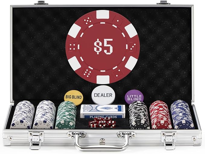 300Pcs Numbered Poker Chips Set for Texas Holdem,Blackjack, Tournaments with Aluminum Case,2 Decks of Cards, Dealer, Small Blind, Big Blind Buttons and 5 Dice,11.5 Gram