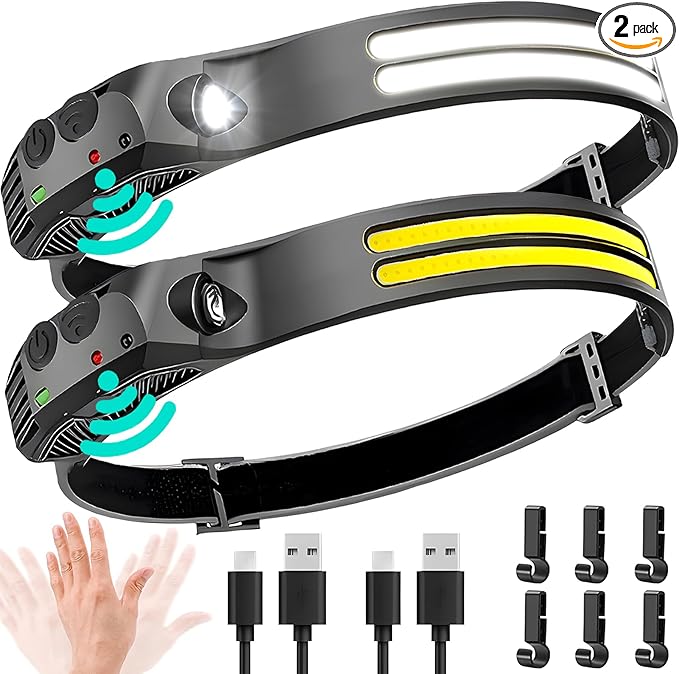 LED Headlamp Rechargeable 2PCS - 230° COB Super Bright Head Lights for Forehead, Hard hat Light for Adults, USB C Headband Flashlight for Work, Hiking, Running, Camping Essentials Gear