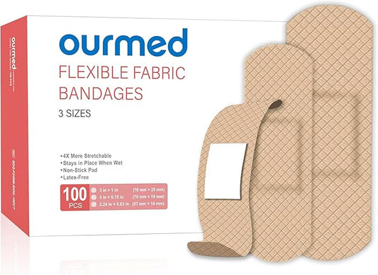 Flexible Fabric Adhesive Bandages, 100 Count, Latex Free First Aid Bandage with Non-Stick Pad for Wound Care, Cuts, Scrapes, Blisters, Assorted Sizes