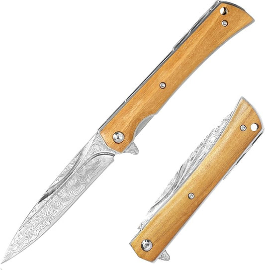 YOUSUNLONG Folding Knife Overall 215mm Camping Knife - Hammered Damascus Steel Blade - Natural Olive Wood Cover