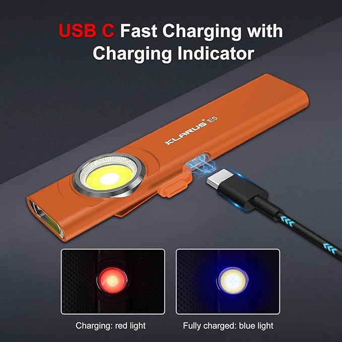 klarus E5 Pocket Flashlight, Rechargeable EDC Flashlight, Super Slim 4.2x1x0.3inch, 600 Lumens, USB-C Port, IPX4, Dual Light Source with Magnetic Base, Hat & Clothes Clip - Orange