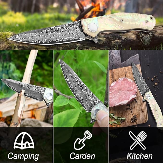 Benkey Damascus Pocket Knife, Extremely Sharp VG10 Core Damascus Steel Folding Knives with Clip and Leather Sheath, Unique Abalone Seashells Handle, Ball Bearing, Liner Lock, Knife for EDC Men Women