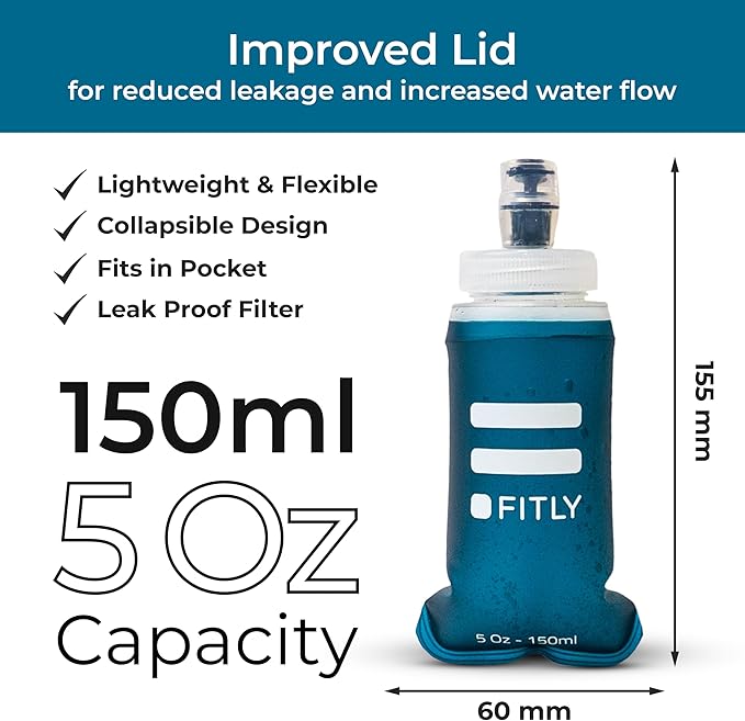 Premium Soft Flask - 5 oz (150 ml) - Shrink As You Drink Pocket Soft Water Bottle for Hydration Pack/Running Vest - Folding Water Bottle for Running, Hiking, Cycling - Ski Water Bottles - Petrol Blue