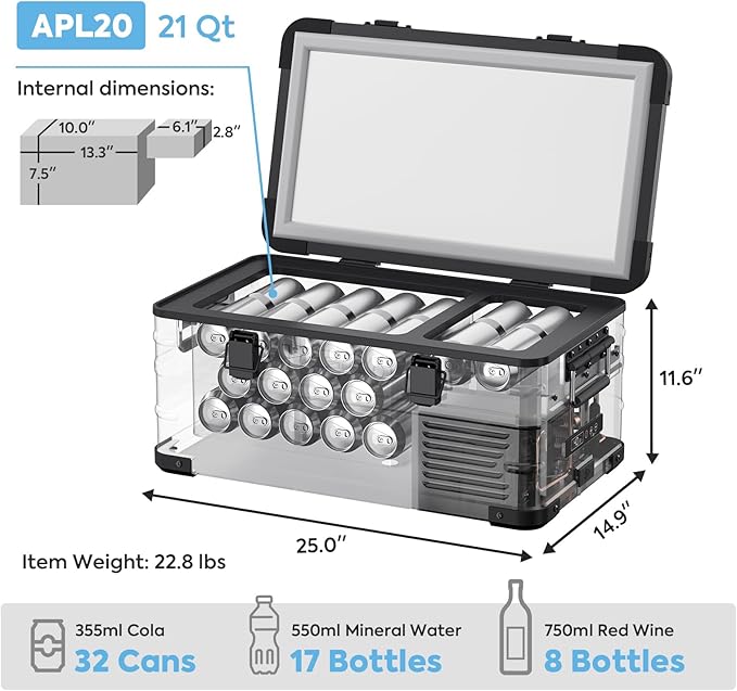 ICECO APL20 Portable Freezer with DC Cable, 21 Qts 12V Refrigerator, Aluminum Car Fridge with SECOP Nano Compressor, -4℉~68℉, 12 Volt Electric Cooler Powered by AC/DC or Solar, for Boat, Truck