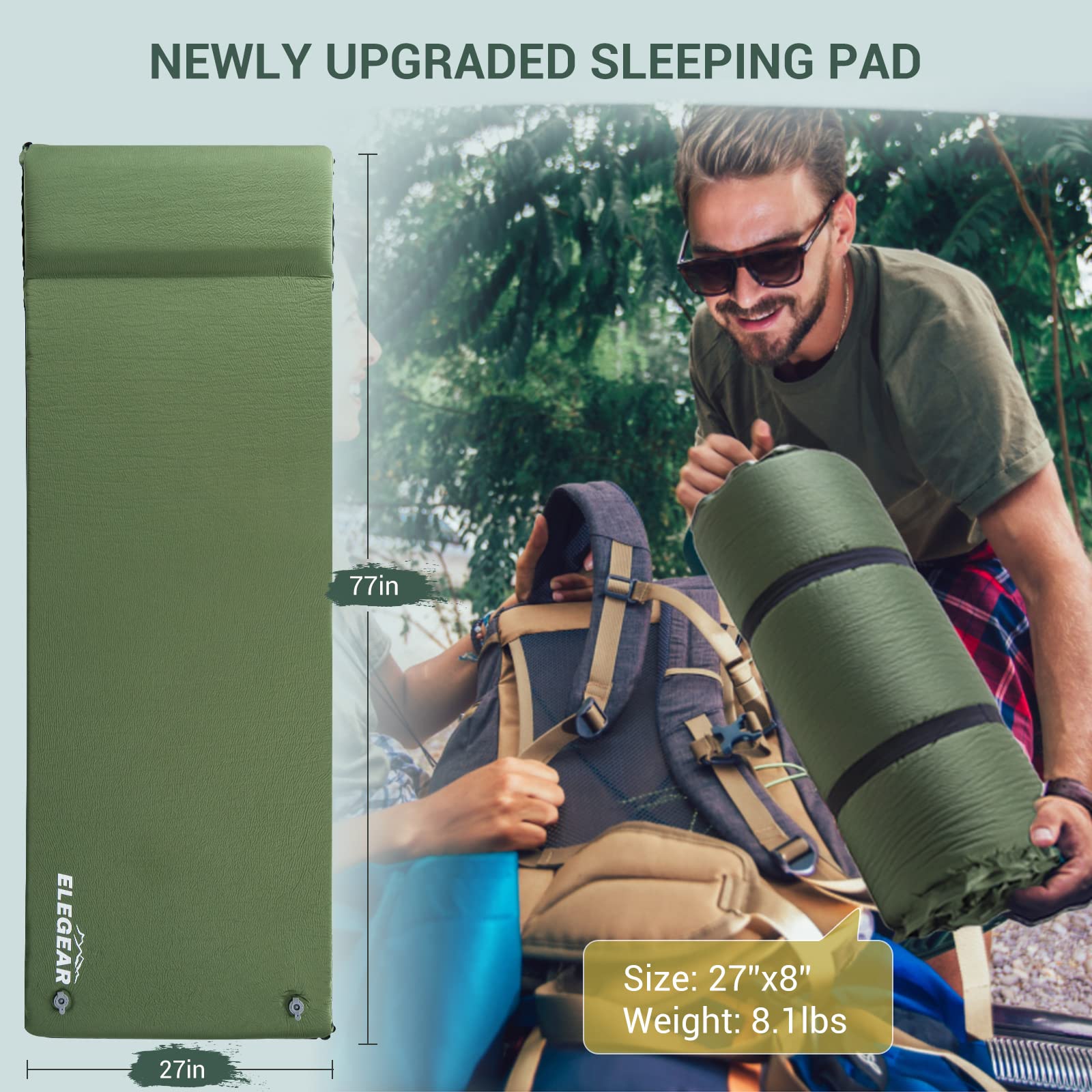 Elegear Self Inflating Sleeping Pad with Pillow 26D Memory Foam 3.15"