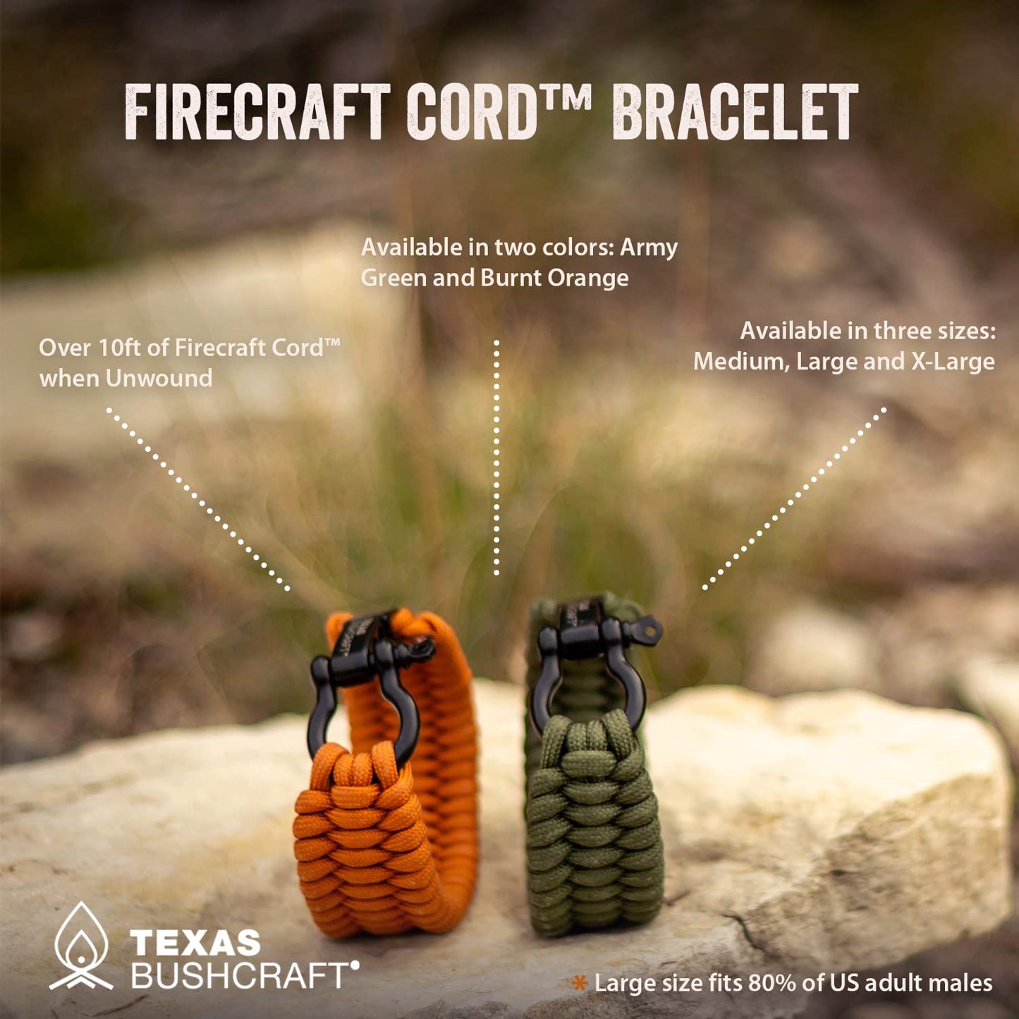 Texas Bushcraft Firecraft Cord Survival Bracelet – Paracord Bracelet with Bow Shackle for Camping
