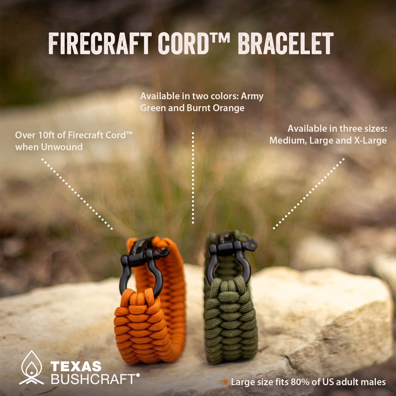 Texas Bushcraft Firecraft Cord Survival Bracelet – Paracord Bracelet with Bow Shackle for Camping