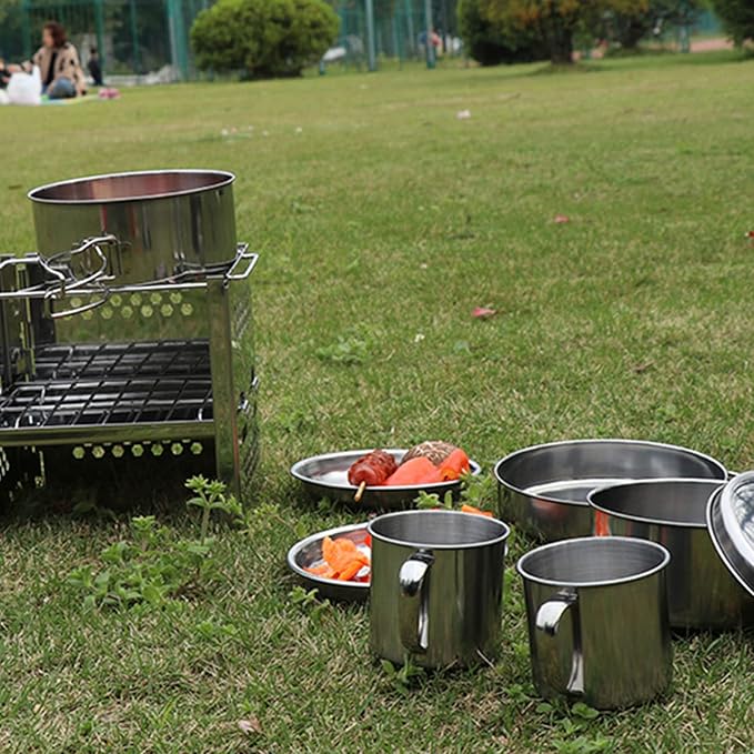 Stainless Steel Camping Cookware Set with Pot, Pan, Plates and Cups, Portable Folding Outdoor Cooking Kit for Picnic, BBQ and Travel