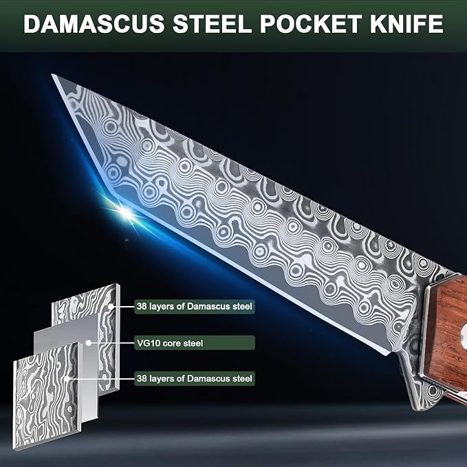 AUBEY Damascus Pocket Knife for Men, Sharp Tanto Blade with VG10 Core Folding Knives with Wooden Handle and Glass Breaker for EDC Camping Gift Collection