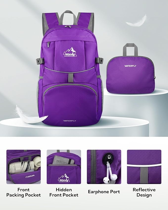 WATERFLY Hiking Foldable Daypack Backpack: 25/35L Ultra Lightweight Packable Waterproof Outdoor Travel Day Pack for Women Men