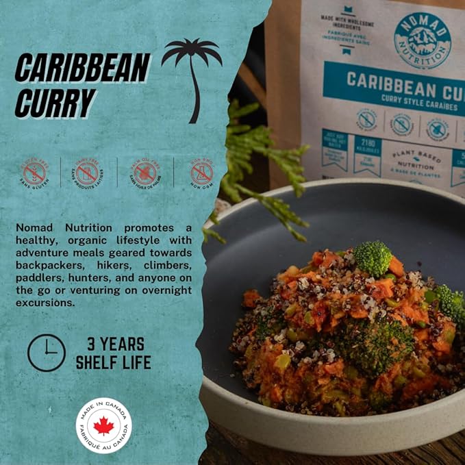 Nomad Nutrition Caribbean Curry | Instant Freeze Dried Backpacking & Camping Food | Plant-Based, Non-GMO Hiking Meals with High-Energy, Vegan, Gluten-Free | 56g - 2 Pack