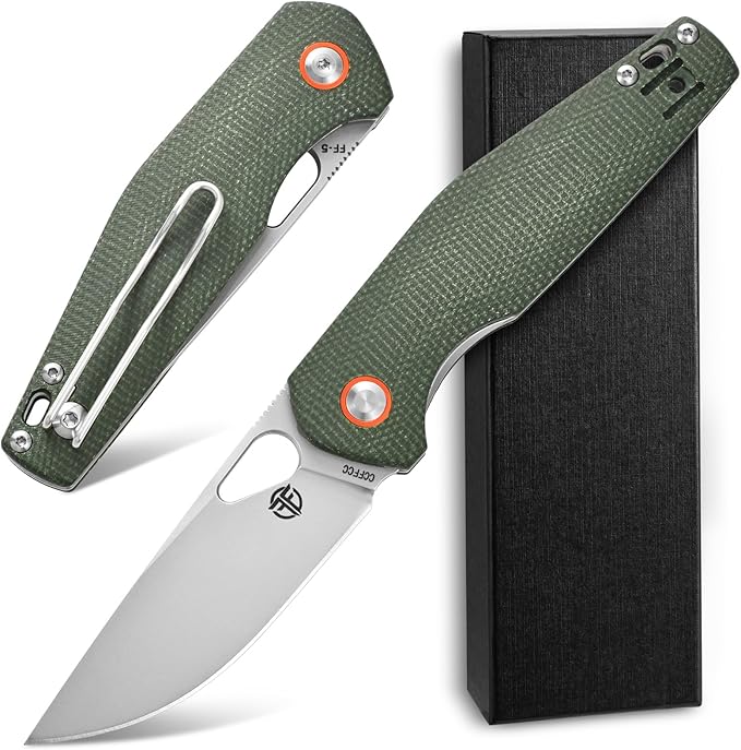 FF5 Folding Pocket Knife, DC53 Steel Blade Micarita Handle with Pocket Clip for Outdoor Camping Hunting Fishing Working (Green)