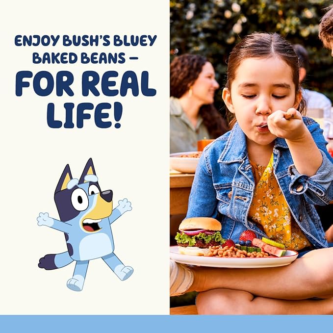 BUSH'S BEST 15.8 oz Canned Bluey Original Baked Beans, Source of Plant Based Protein and Fiber, Low Fat, Gluten Free, (Bluey), (Pack of 12)