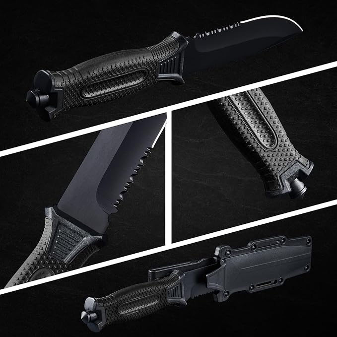 10" Fixed Blade Tactical Knives with Sheath and Clip, Stainless Steel Survival Hunting Bushcraft Full Tang Non-Slip Handle Knife for Camping, Hunting, Adventure, Outdoors, EDC, Black