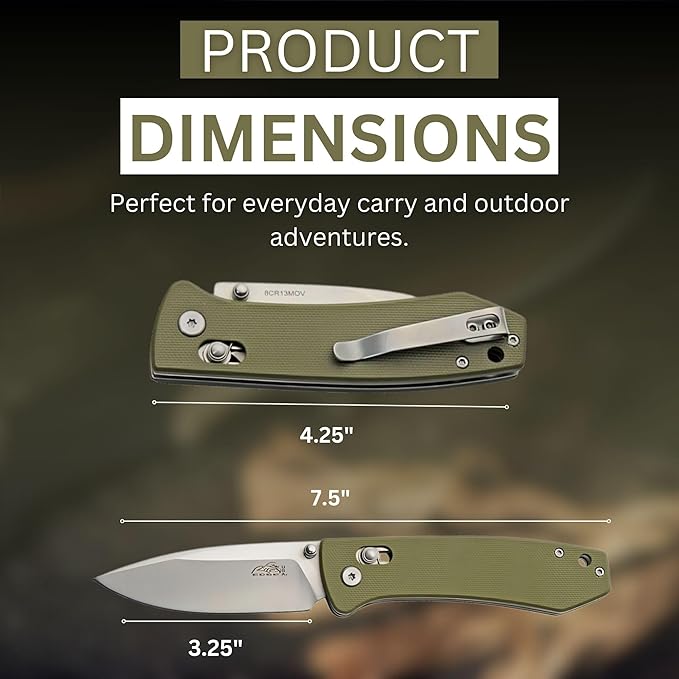Rite Edge Premium Folding Pocket Knife - 4.25" Stainless Steel Blade, G10 Handle, Belt Clip, Camping Folder, Outdoor Utility, Father's Day Gift - Green