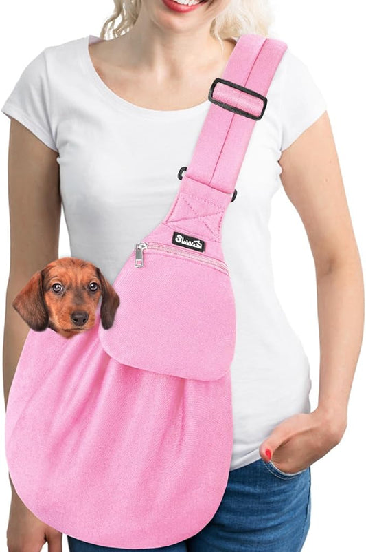 SlowTon Dog Carrier Sling - Thick Padded Shoulder Strap Adjustable Dog Carriers for Small Dogs, Puppy Carrier Purse for Pet Cat with Front Zipper Pocket Safety Belt Machine Washable (PI, L)
