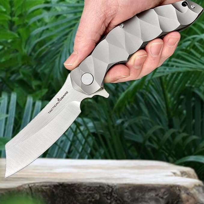 Titanium Pocket Folding Knife, Solid Tc4 Titanium Handle, CPM-D2 Steel DAO Blade, Includes Sheath (Zeus)