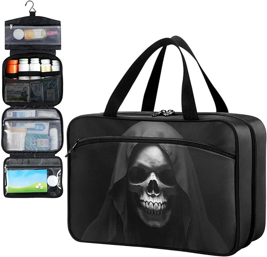 Fustylead Skull in Dark Shadow Wearing Large Hooded Cloak Travel Medicine Storage Bag Large Household Pill Bottle Organizer with Zipper for First Aid, Pills, Vitamins, Medical Supplies