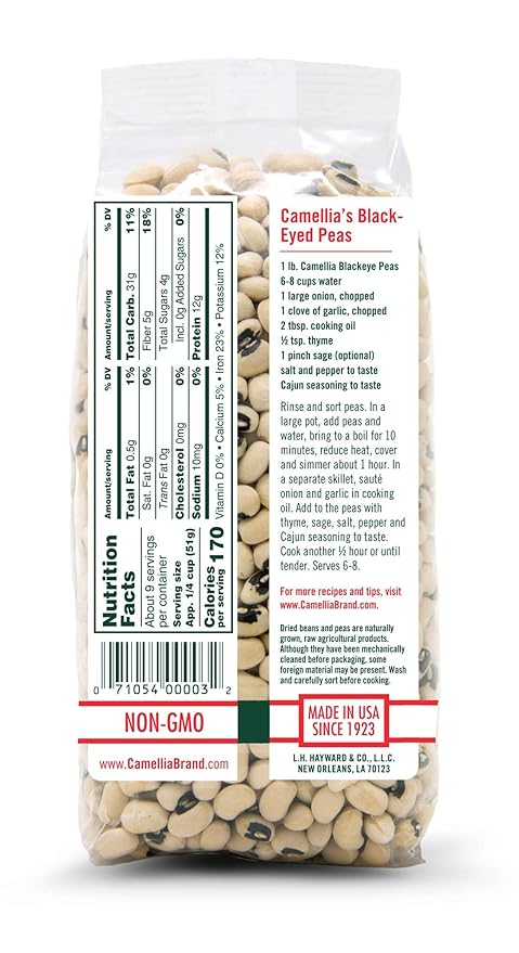Camellia Brand Dried Blackeye Peas ??Premium Non-GMO Southern Pea for Hoppin??John, Soups, Stews, Salads, New Years Day, and Side Dishes ??Gluten-Free, High Protein, Vegan & Vegetarian Friendly, 1 Pound (Pack of 6)