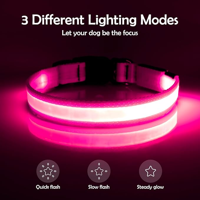 Vizpet LED Dog Collar, Light Up Dog Collar Adjustable USB Rechargeable Super Bright Safety Light Glowing Collars for Dogs (Small, Pink)