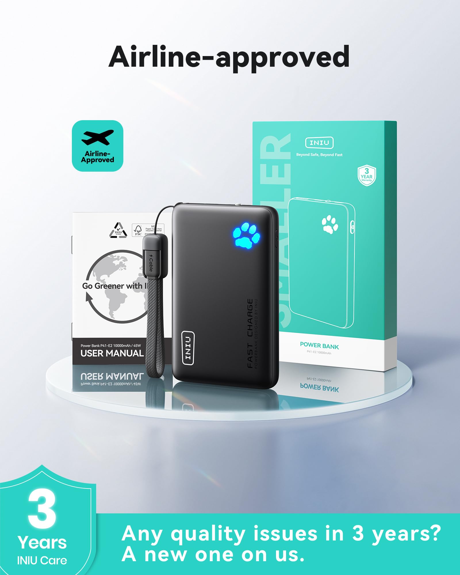 INIU 45W Fast Charging Portable Charger, Smaller 10000mAh Travel Power Bank