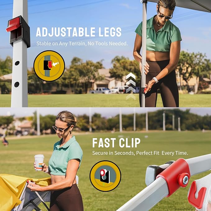 Crown Shades 10x10 Pop Up Canopy - Beach Tent with One Push Setup - Outdoor Sun Shade for Events, Parties, Camping - Gazebo with STO-N-Go Cover Bag, Silver Coated Top, 3 Height& 4 Sand Bags, Yellow