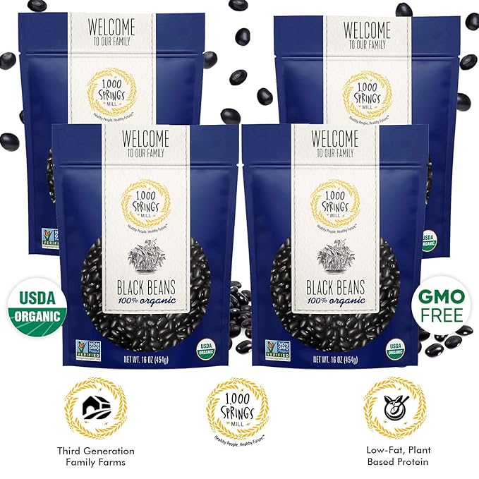 1000 SPRINGS MILL - Organic Black Beans | Used for Soups, Salads, Chili, Dips or Various Breakfast Dishes | Bulk Dry Black Beans | Resealable Bag | Vegan Friendly | 16oz (Pack of 4)