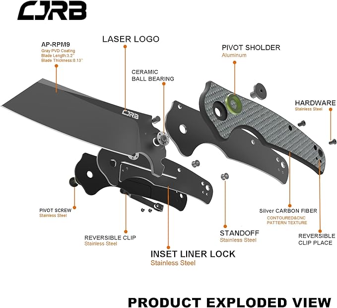 CJRB Crag Folding Pocket Knife, 3.43" AR-RPM9 Steel Blade Carbon Fiber Handle EDC Knife with Pocket Clip for Men Women Camping Survival Hiking, Grey (J1904)