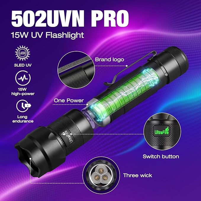 ULTRAFIRE 395nm UV Flashlight Rechargeable - 15W High Power Ultraviolet Blacklight for Pet Urine Detection,Resin Curing,Minerals,Blood Trail Tracking 502UVN PRO