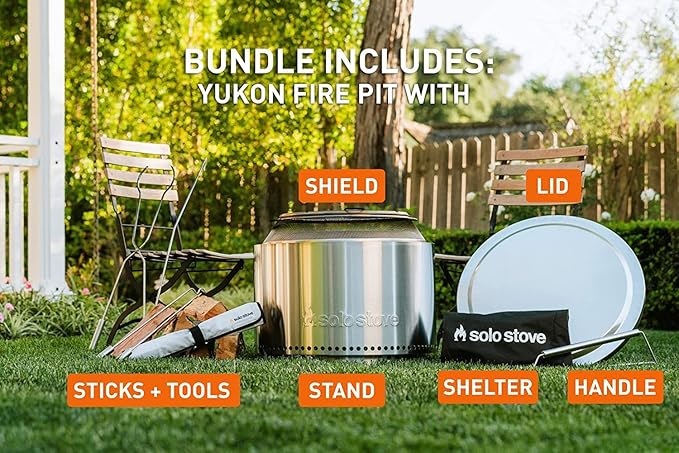 Solo Stove Yukon Ultimate Bundle 2.0 | Incl. Smokeless Fire Pit, Stand, Shelter, Shield, Lid, Handle, Sticks&Tools, Portable Camping Accessories, Wood Burning, Stainless Steel, H: 19.8in x Dia: 27in