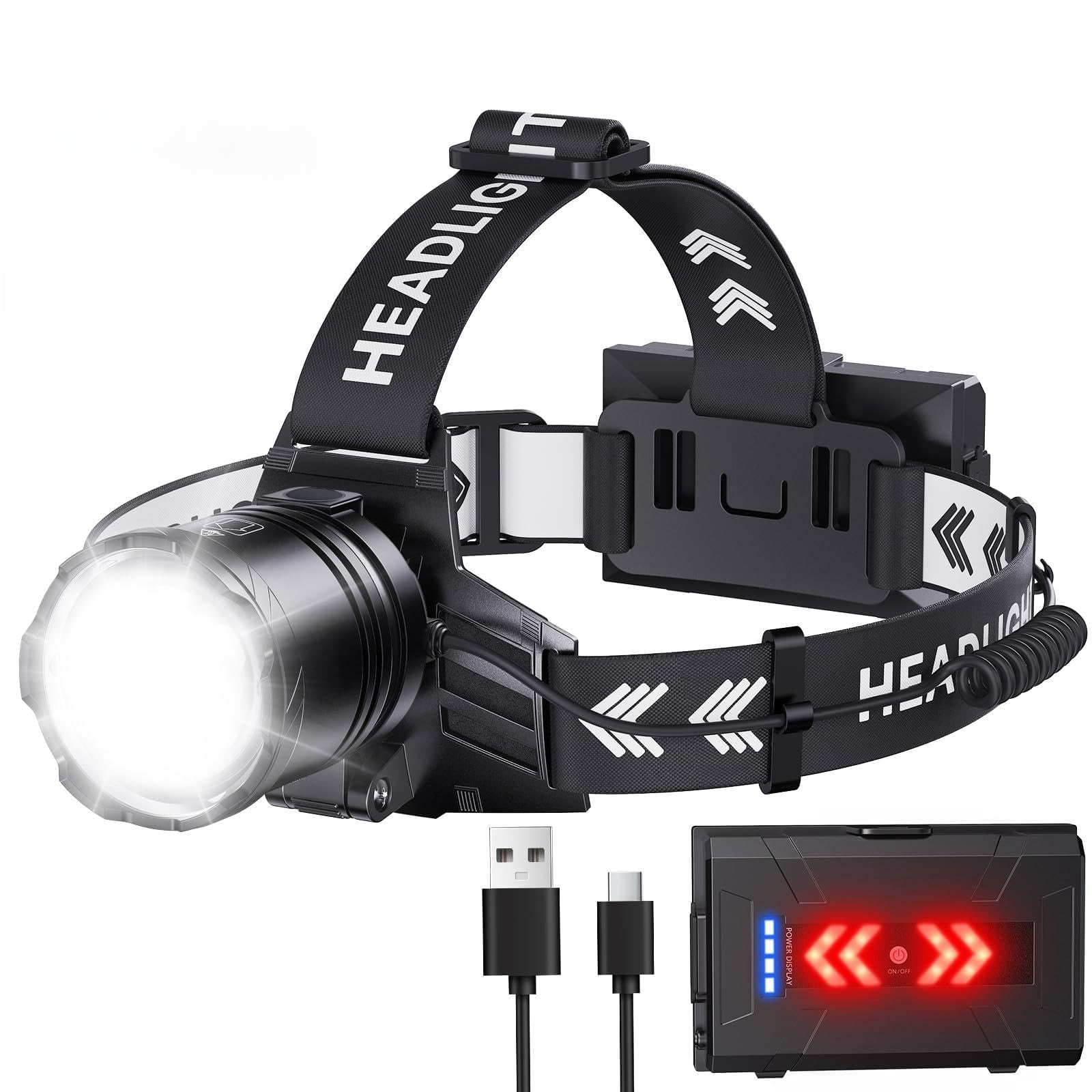 OMALIGHT Rechargeable Headlamp Super Bright, High Lumen LED Head Lamp, 5 Modes Zoomable, USB-C