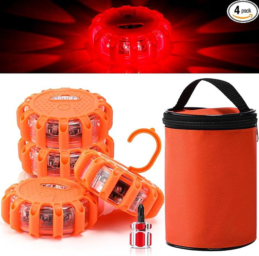 Tallew 4 Pack LED Road Emergency Roadside Lights Flashing Safety Warning Kit Beacon Magnet Hook Vehicle Boat Truck Disc Magnetic Flash Cars Security Driveway Automotive Strobe