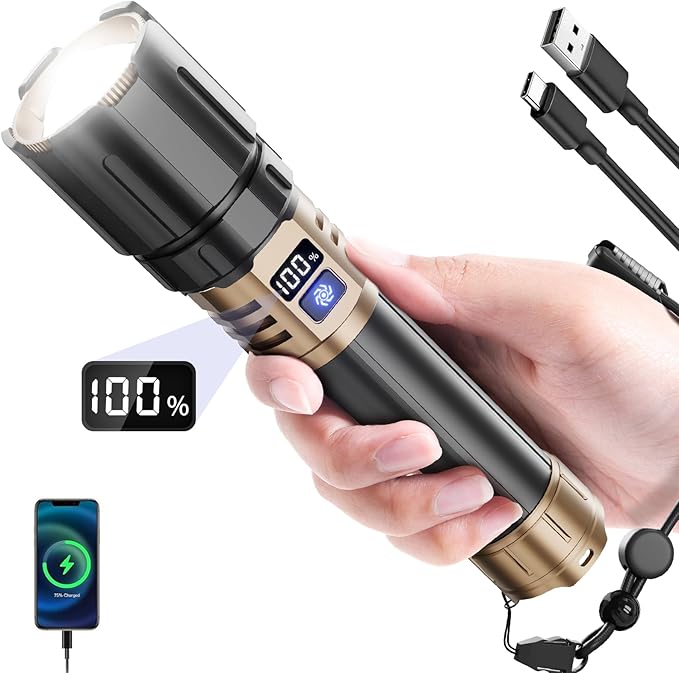 Rechargeable Flashlights High Lumens, Super Bright LED Powerful Tactical Flashlight, High Powered Flashlight, 5 Modes Zoomable Waterproof Handhel Flash Lights for Emergency Home Camping Hiking Outdoor